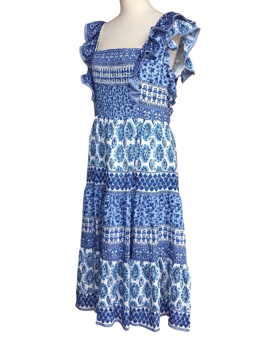 Eliza J Smocked Tiered Ruffle Sleeve Midi Dress NEW - Picture 4 of 11